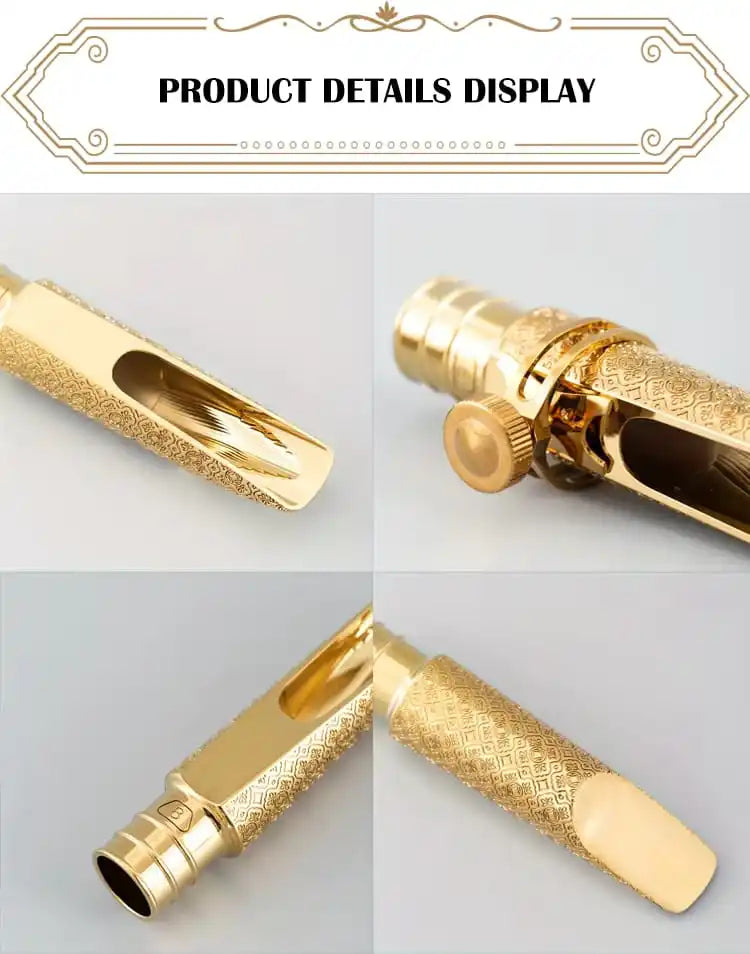 Close-up display of a gold-plated brass tenor saxophone mouthpiece with decorative engraving.