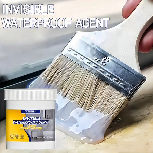 A white rubber brush is shown applying an invisible waterproof agent liquid coating to a surface.