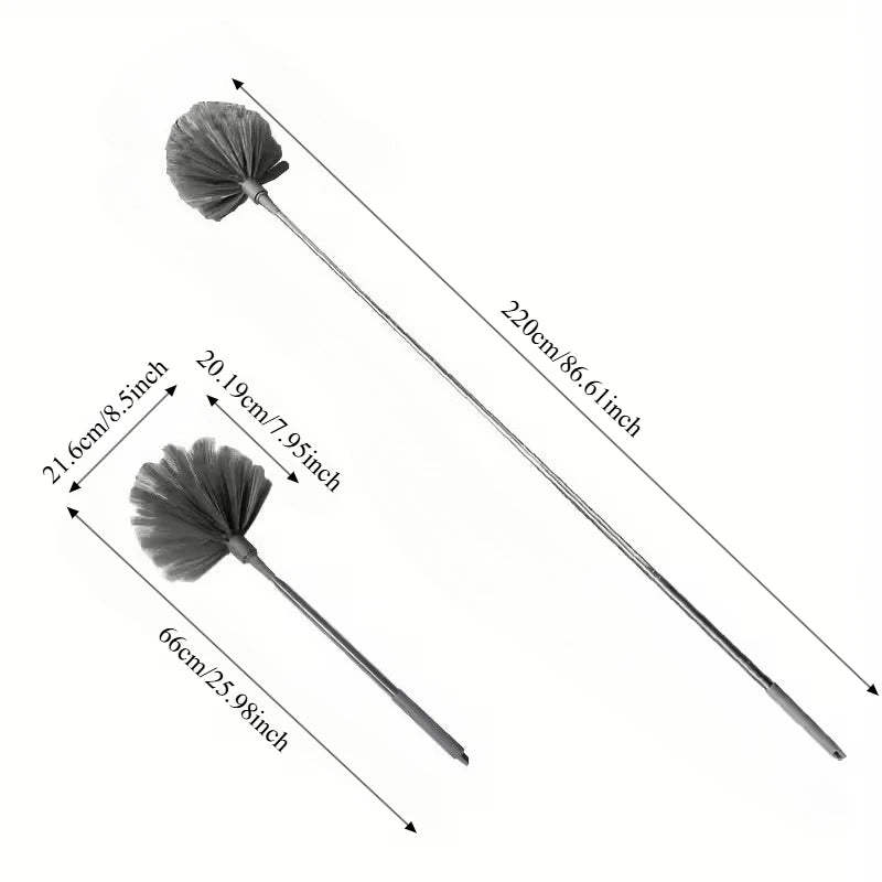 An adjustable spider web ceiling cleaner with a microfiber head shown with dimension lines.