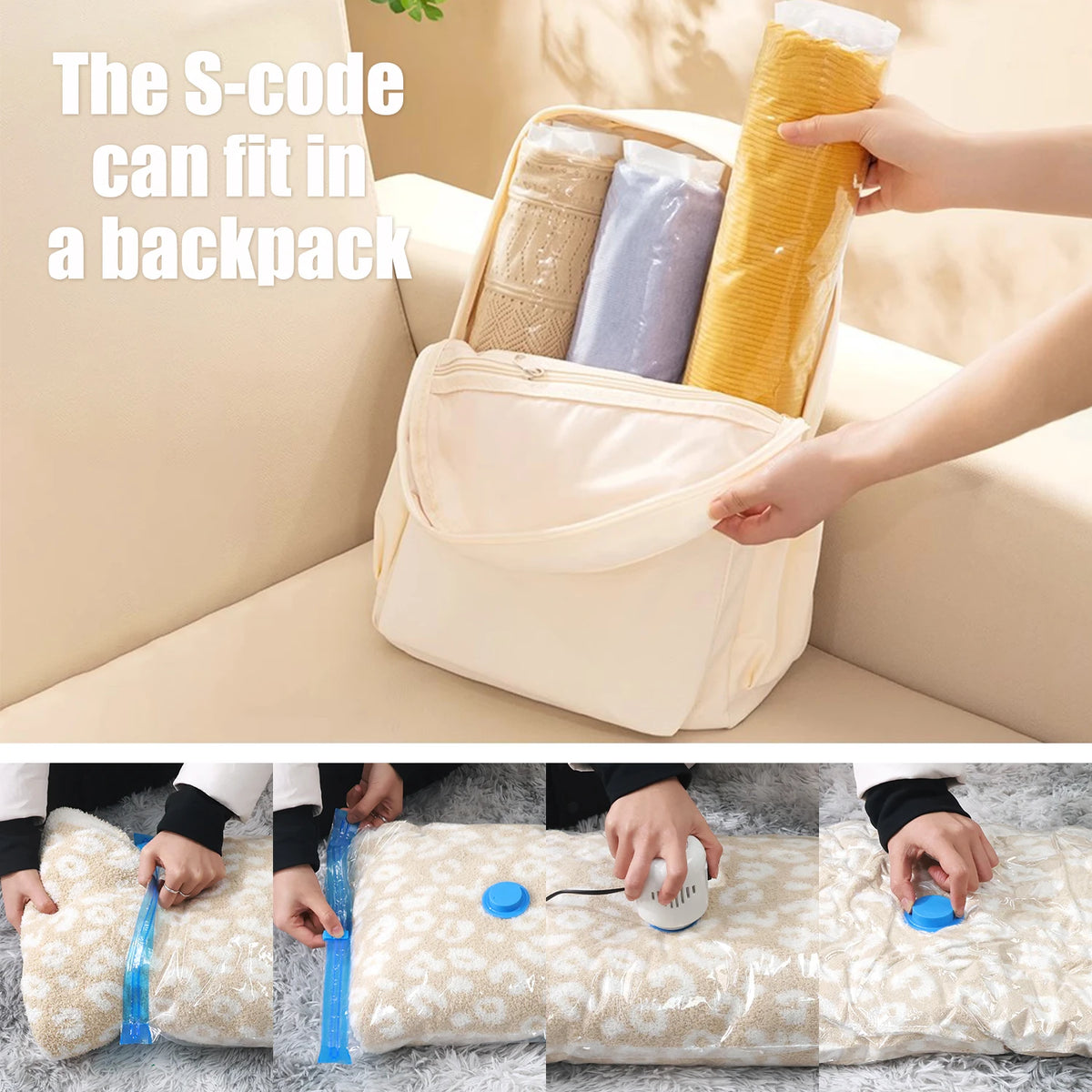 A hand is placing a yellow vacuum storage bag into a light-colored backpack, demonstrating the product's compact size.