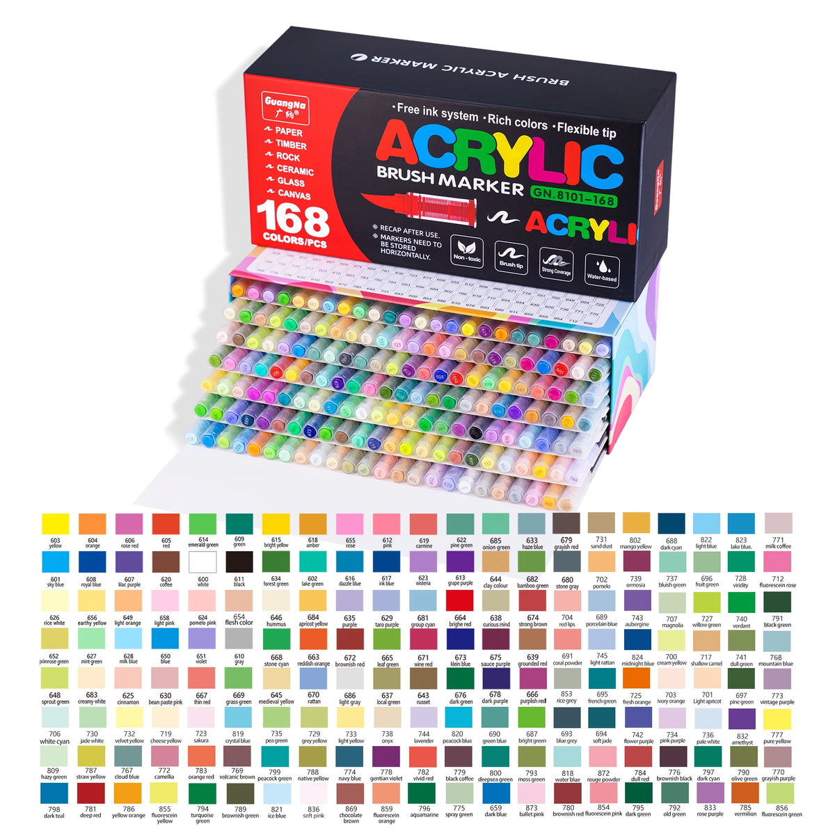 Eine Box mit 168 farbigen Acryl-Pinselmarkern mit Spitzen und Kappen in einer Plastikverpackung.