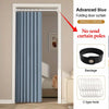 Advanced Blue folding door curtain shown hanging in a doorway with accompanying bandage and C-type hook.