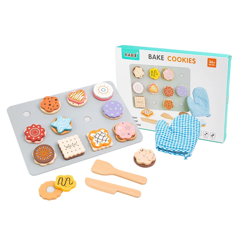 A wooden cookie play food set with baking accessories featuring various cookies and tools in a box.