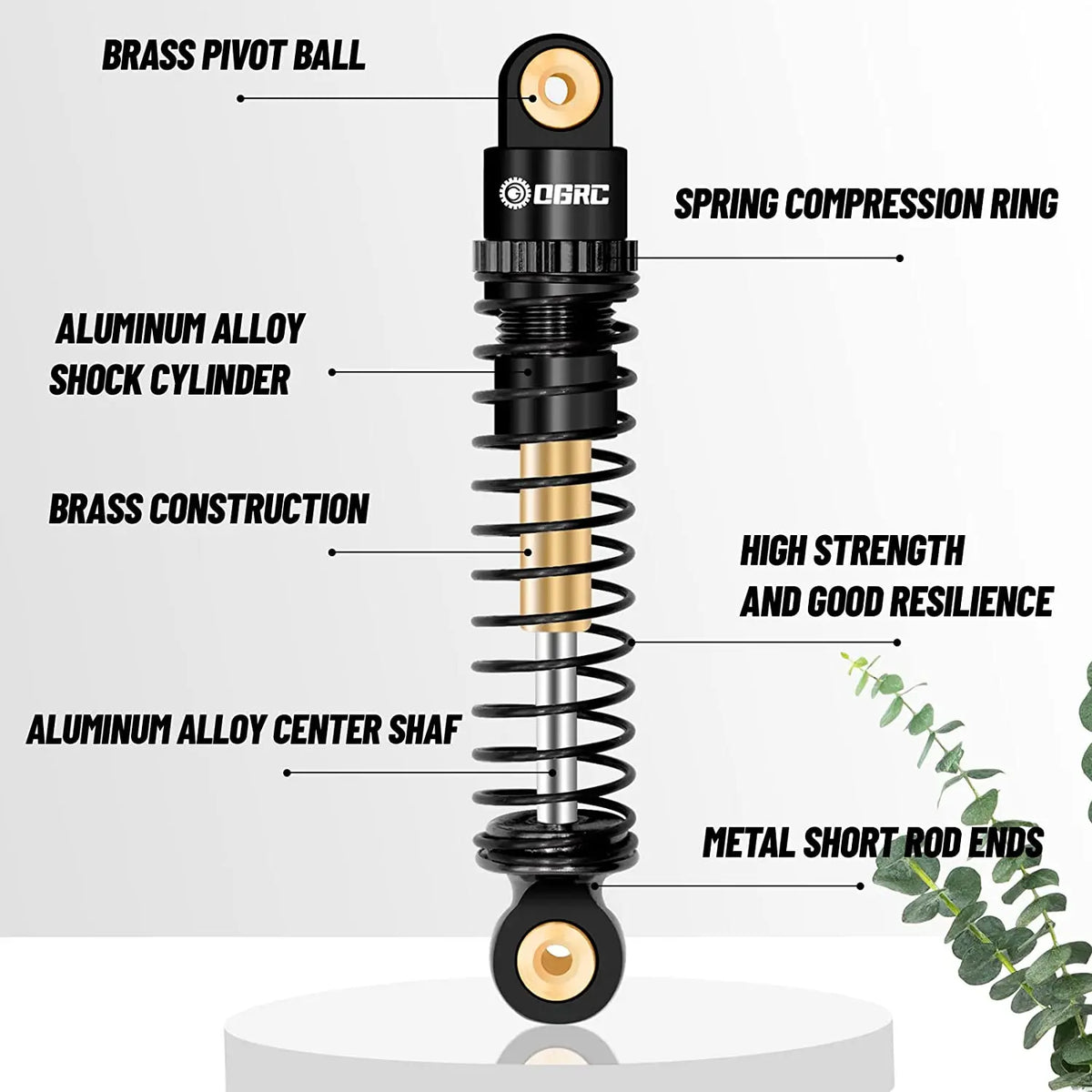 Cross-section diagram of a brass shock absorber showing internal components like the pivot ball, cylinder, and shaft.
