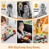 A collection of colorful busy books and a Montessori felt quiet book for toddlers shown in various contexts.