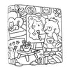 A black and white line drawing featuring cute animal characters like a cat, bear, and dog in a cozy scene.