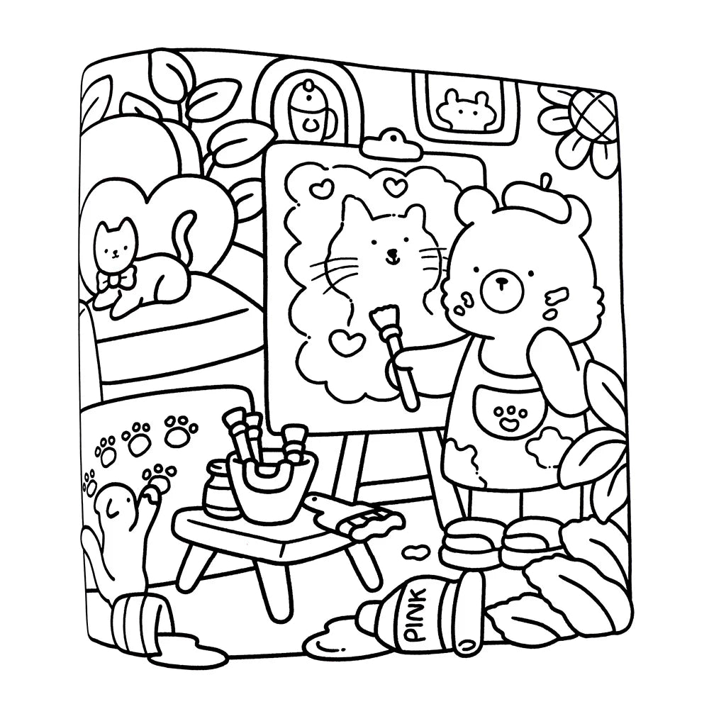A black and white line drawing featuring cute animal characters like a cat, bear, and dog in a cozy scene.