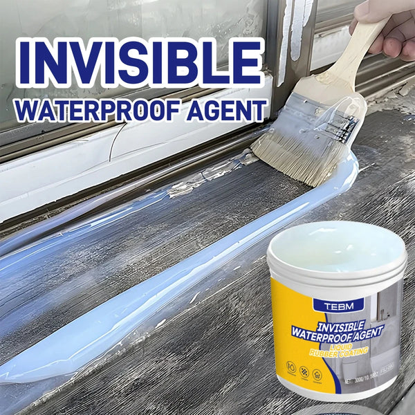 A paintbrush applies invisible waterproof agent to a window frame, next to a container of TEBM Invisible Waterproof Agent.