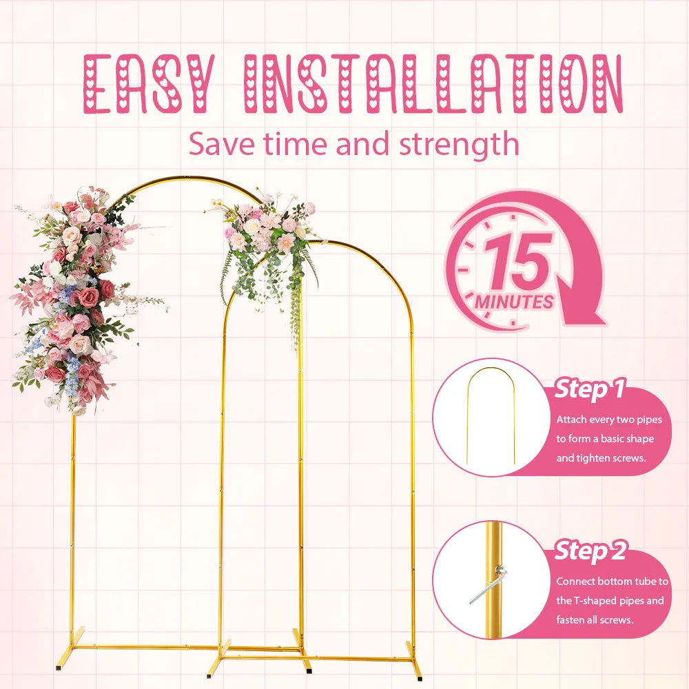 Gold metal wedding arch backdrop stand with a stable base shown with installation steps.