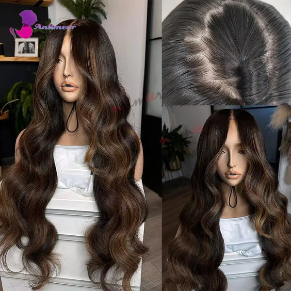 Primer plano de una peluca larga y ondulada de cabello castaño en un maniquí.