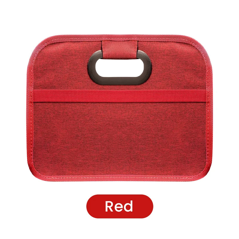 A red foldable car trunk organizer with carry handles.