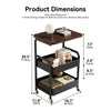 A black 3-tier rolling utility cart with a wooden top and lockable wheels shown with dimensions.