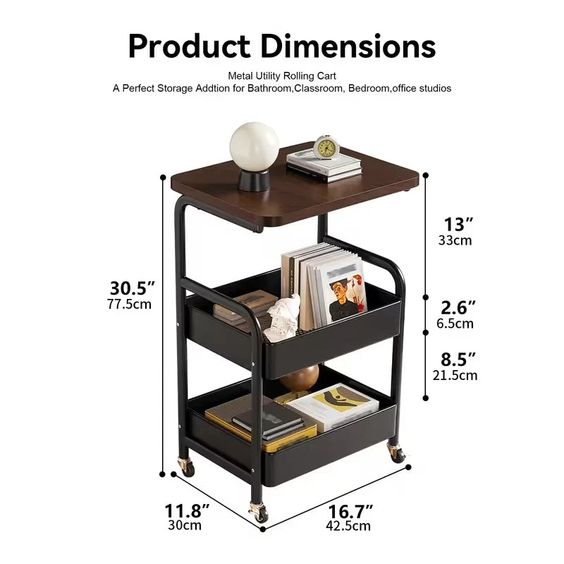 A black 3-tier rolling utility cart with a wooden top and lockable wheels shown with dimensions.