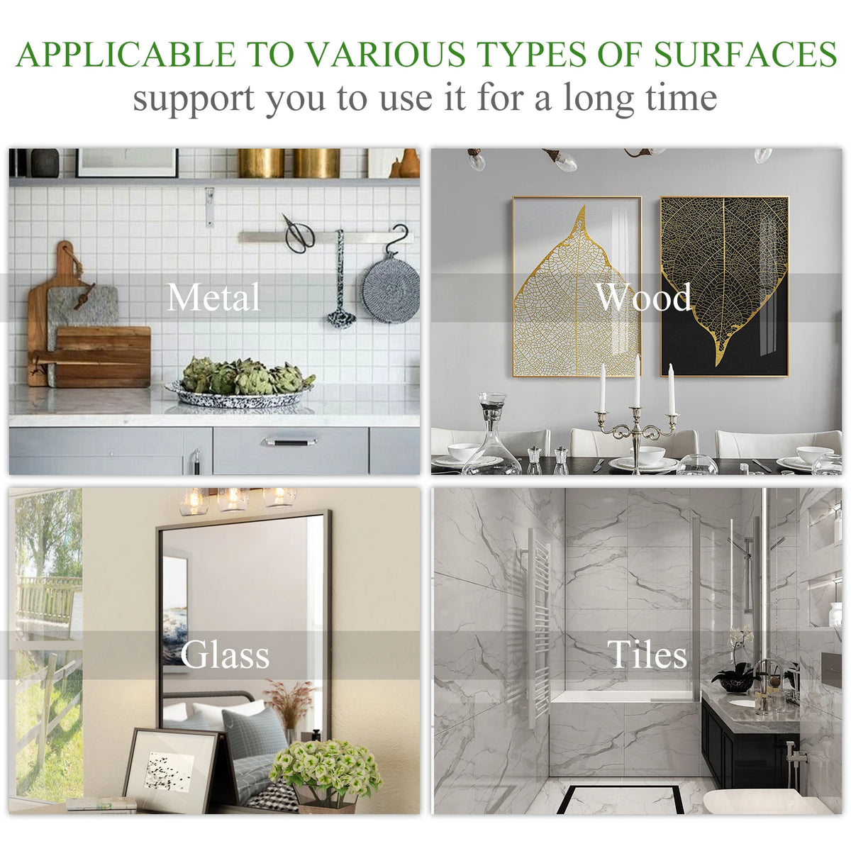 Various surfaces like metal, wood, glass, and tiles can be protected using self-adhesive L-shaped corner strips.