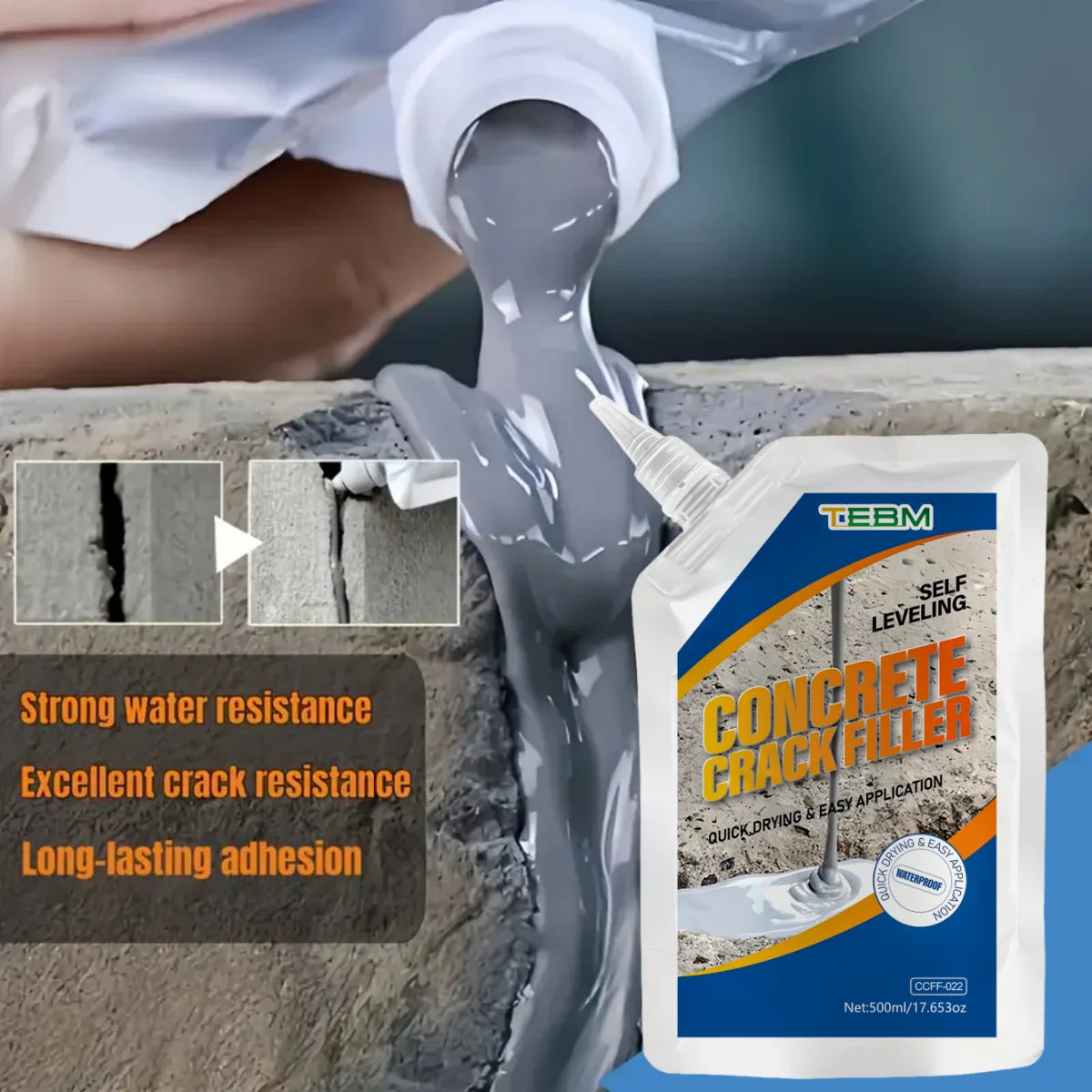 A hand is applying a gray self-leveling concrete crack filler to a concrete surface, demonstrating its strong water resistanc