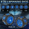 An 8-in-1 spinning dice set featuring various polyhedral dice and a dual D20, displayed against a dark background.