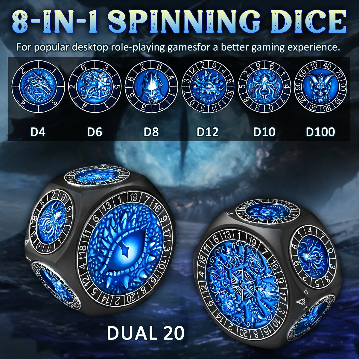 An 8-in-1 spinning dice set featuring various polyhedral dice and a dual D20, displayed against a dark background.