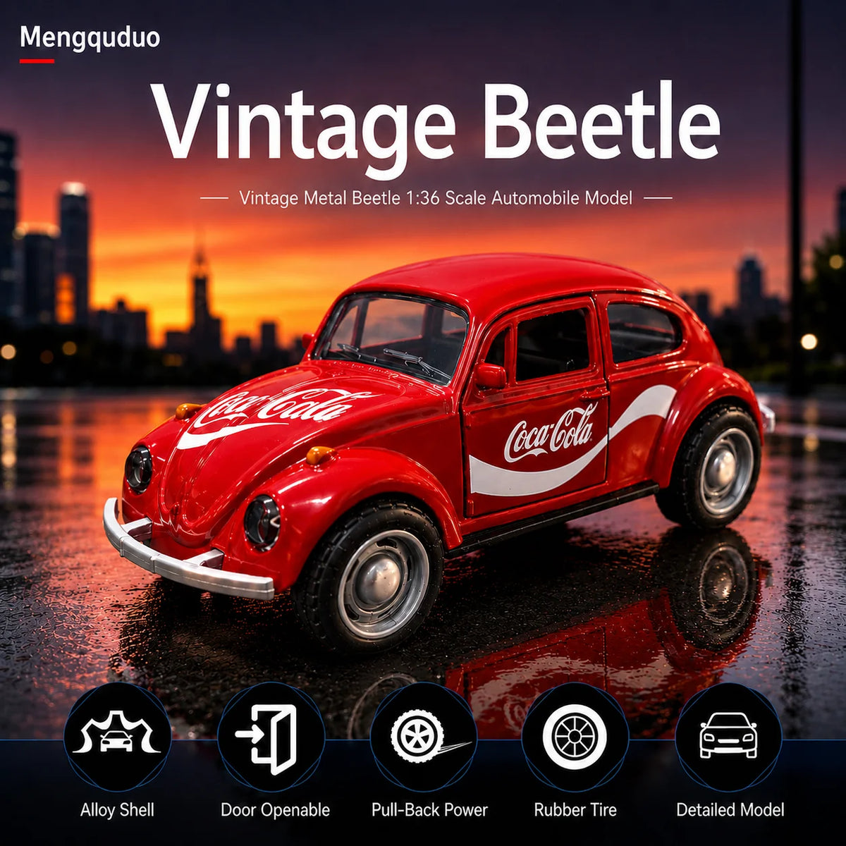 A red vintage metal Beetle die-cast model car displayed on a wet surface against an orange sunset city skyline.