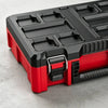 A red and black modular stackable tool organizer case with compartmentalized storage trays.