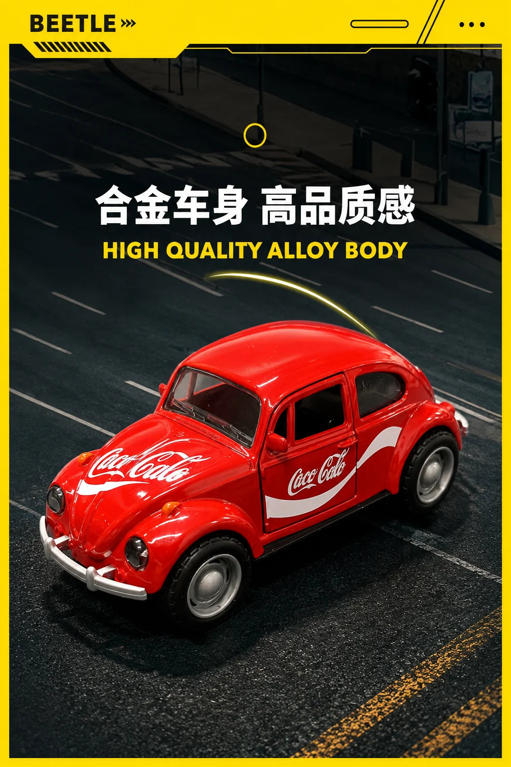 A red vintage Volkswagen Beetle die-cast model car with Coca-Cola decals driving on a dark asphalt road.