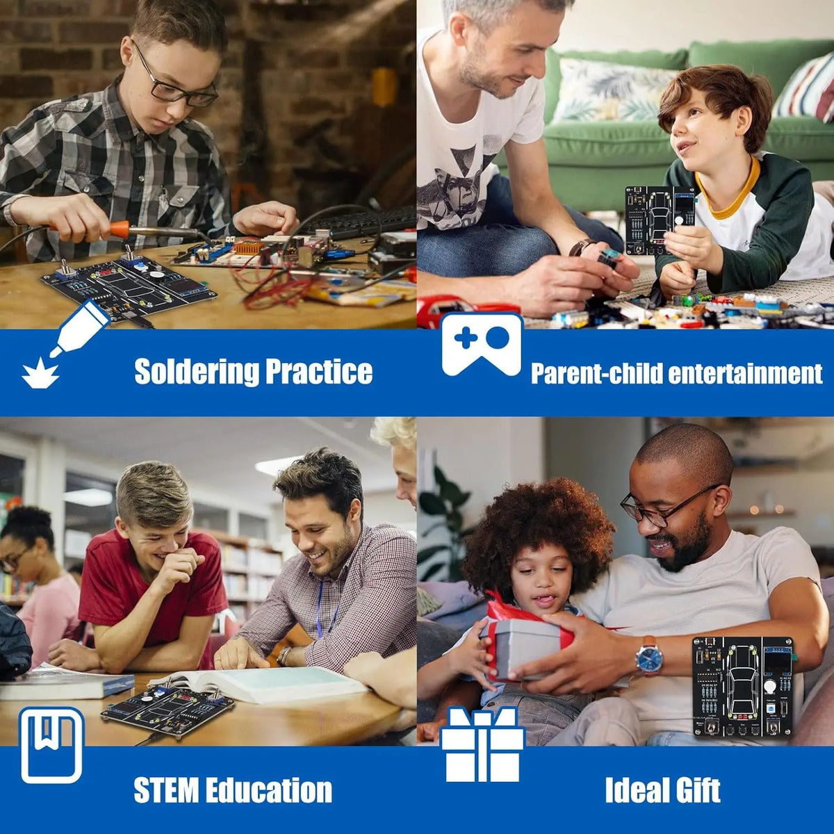 A collage showing various activities related to a DIY car driving simulation soldering kit for STEM education, including sold