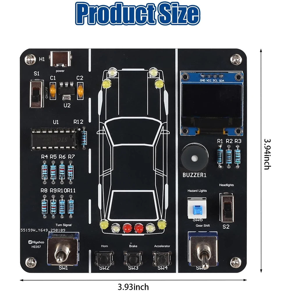 A black circuit board with various components and connectors for a DIY car driving simulation soldering kit