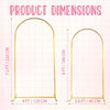 Diagram showing product dimensions for a gold metal wedding arch backdrop stand, including height and width measurements.