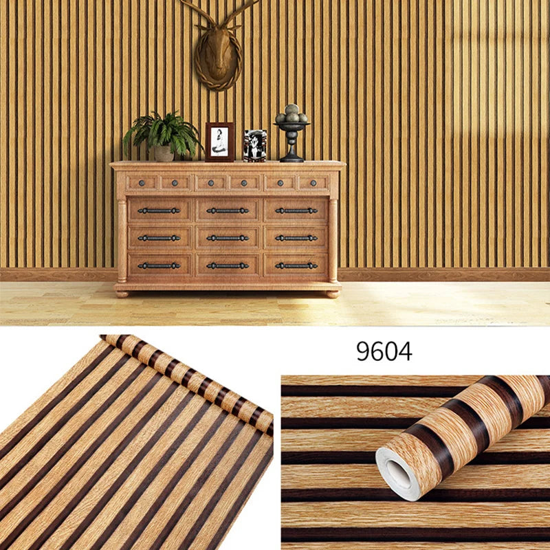 Roll of brown and beige striped peel-and-stick wallpaper