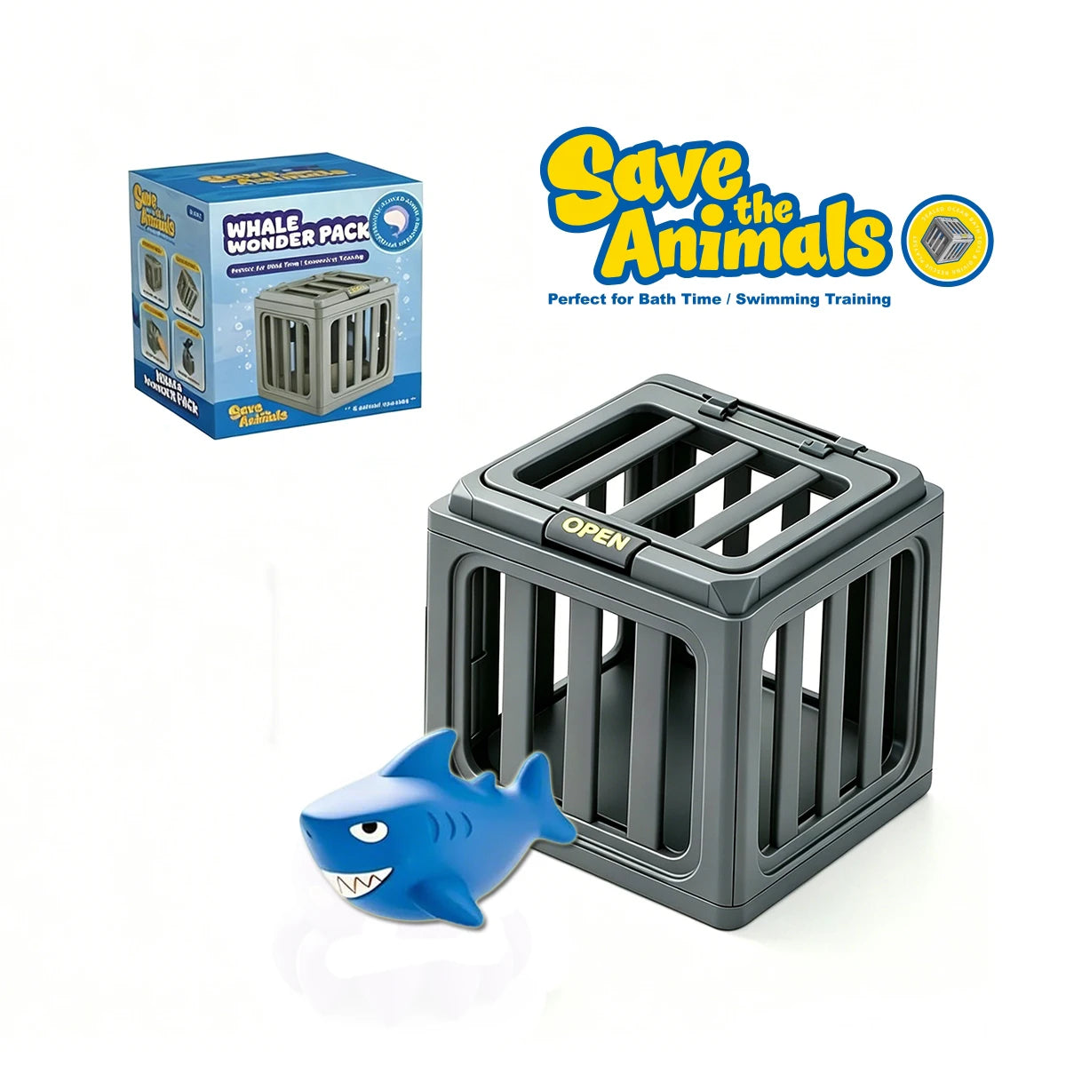 A gray plastic fish pool dive toy is shown next to its packaging and a logo for Save the Animals.