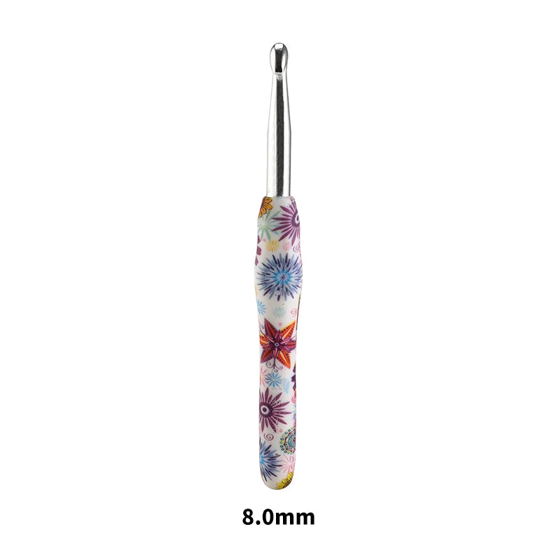 A single ergonomic crochet hook with a sunflower design, measuring 8.0mm.