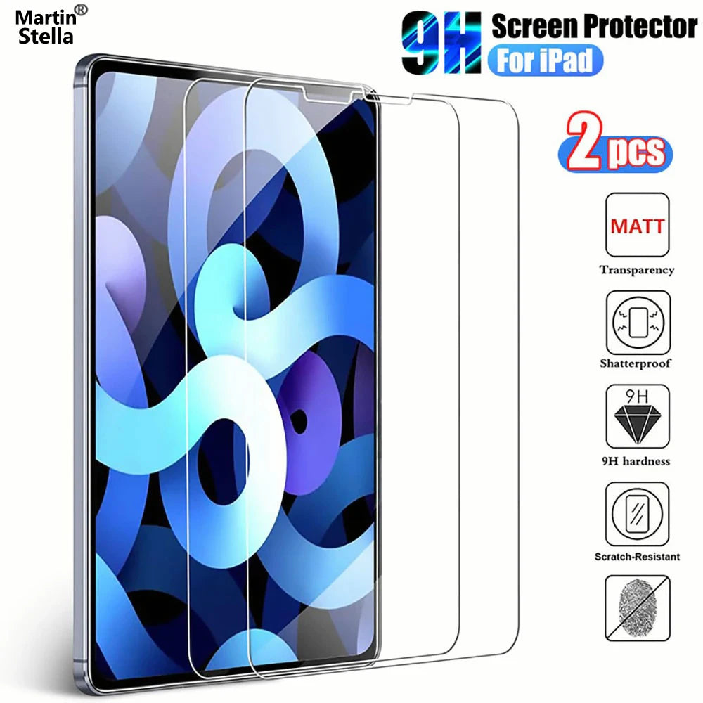 A pack of two matte screen protectors for an iPad, showing various protection features like transparency and scratch resistan