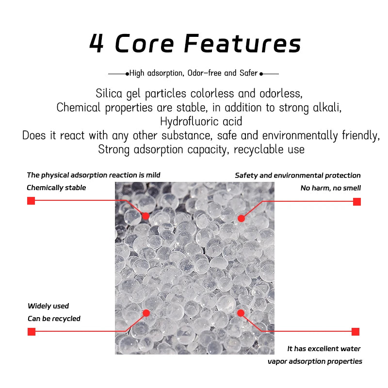 Close-up view of spherical silica gel particles used for moisture control and adsorption.