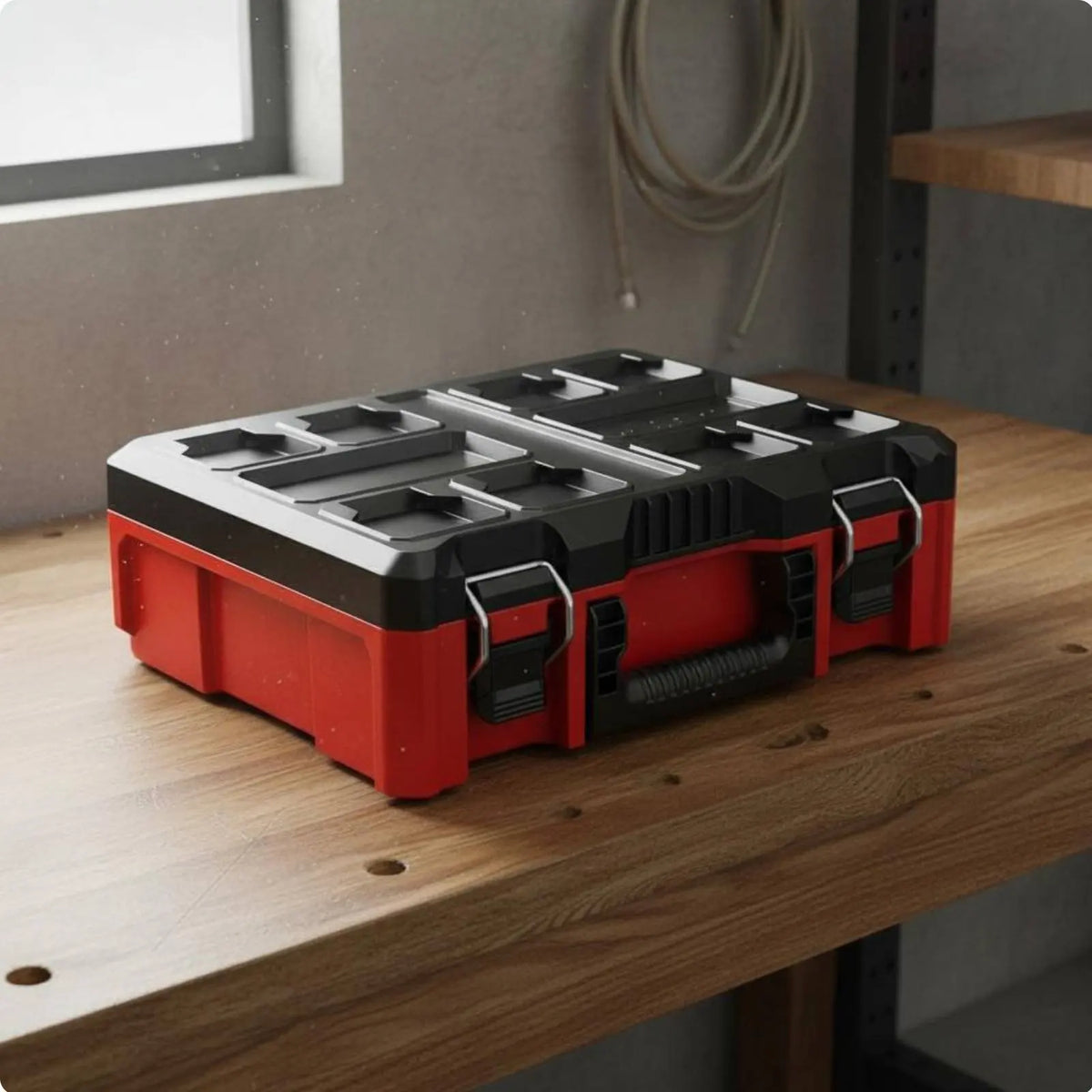 A red and black modular stackable tool organizer case with multiple compartments resting on a wooden surface.