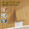 Roll of self-adhesive wood grain grille wall sticker showing various finishes and installation on a vertical surface