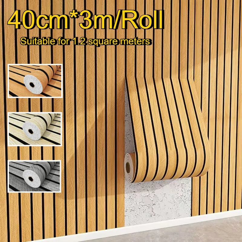 Roll of self-adhesive wood grain grille wall sticker showing various finishes and installation on a vertical surface