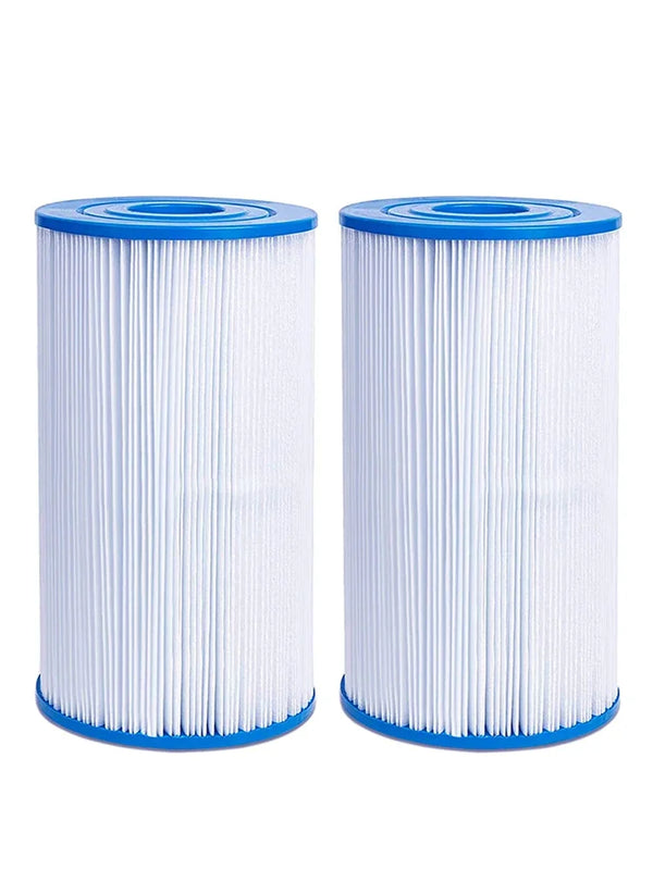 A pair of white pool filter cartridges with blue caps and pleated white tubing.