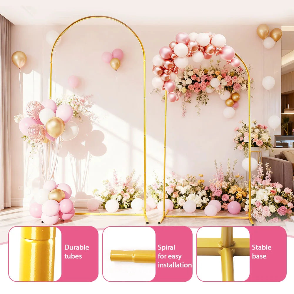 Gold metal wedding arch backdrop stand featuring durable tubes and a stable base for floral arrangements