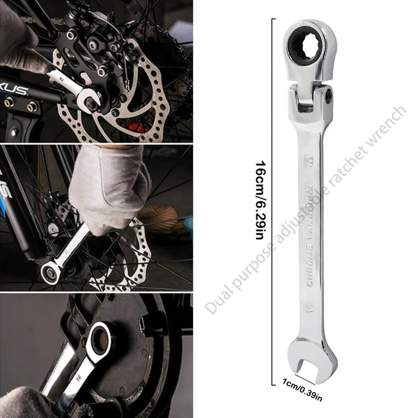 Llave dinamométrica ajustable plateada con cabeza pivotante, mostrada junto a imágenes de su uso en una bicicleta.