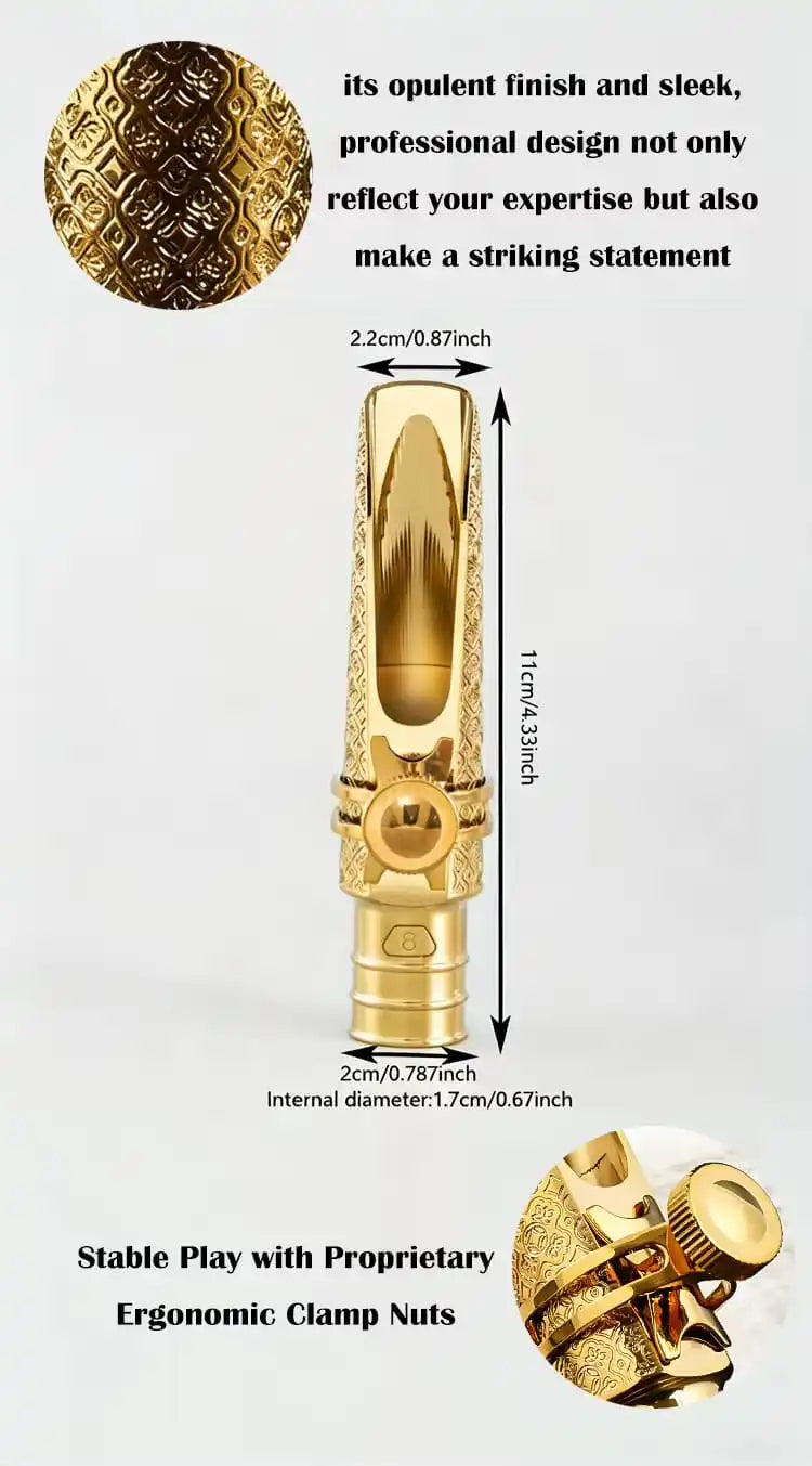 Gold-plated brass tenor saxophone mouthpiece with an opulent finish and sleek design.