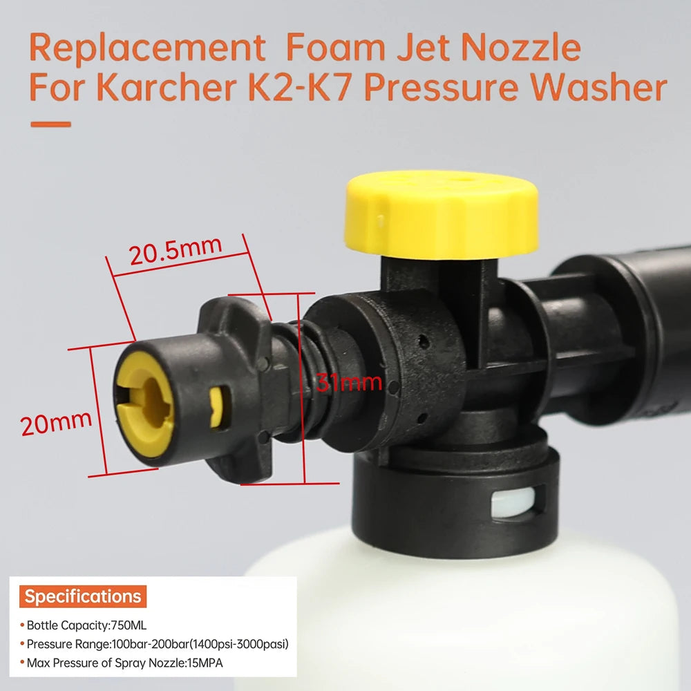 Replacement foam jet nozzle for Karcher pressure washer featuring a yellow and black adjustable fitting.