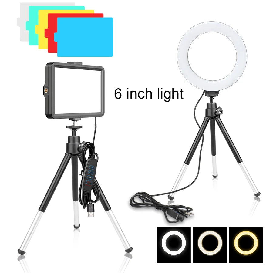 A 6 inch light panel with a tripod stand and remote control, showing various color options.