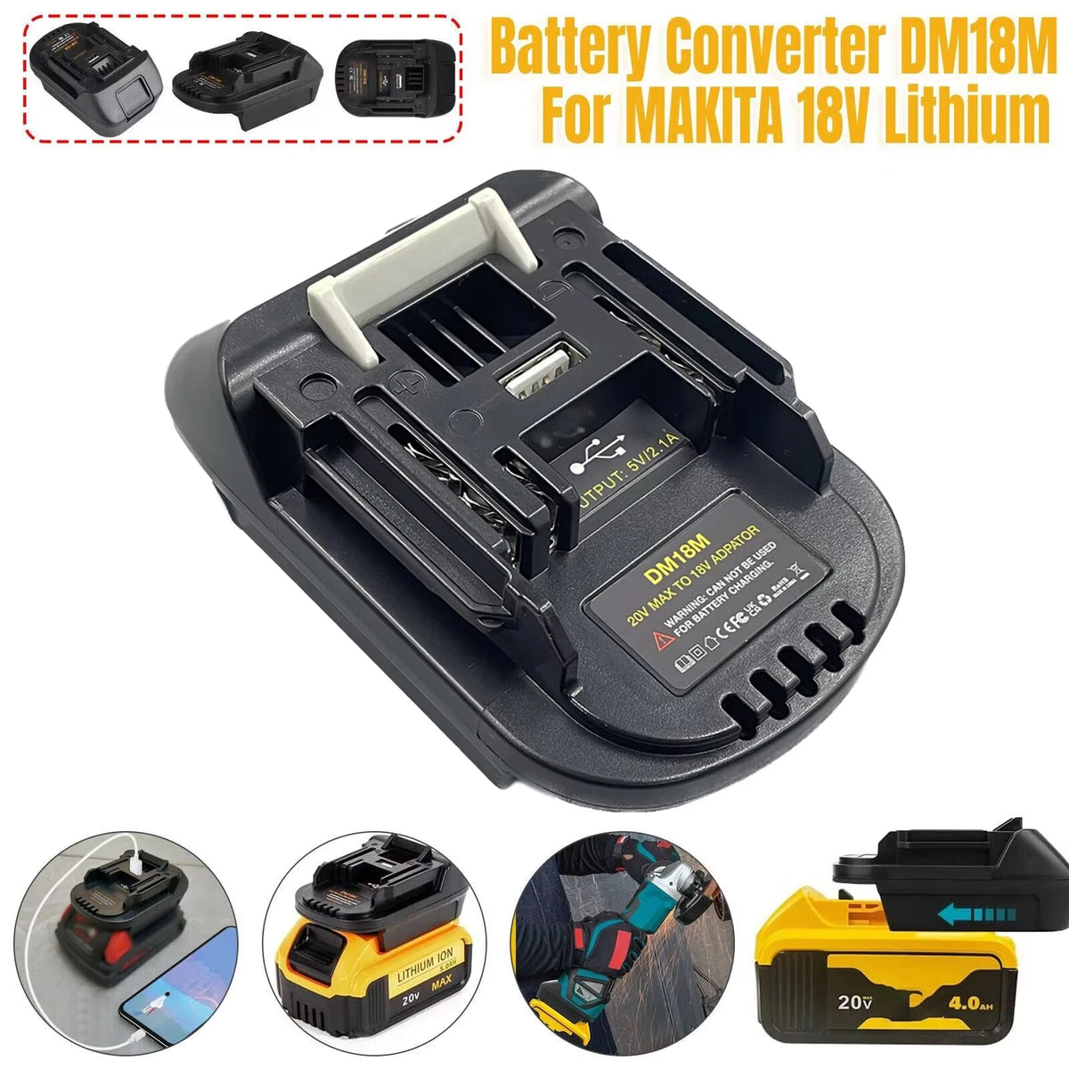 Battery Converter DM18M for Makita 18V Lithium tools with adapters for DeWalt and Milwaukee batteries