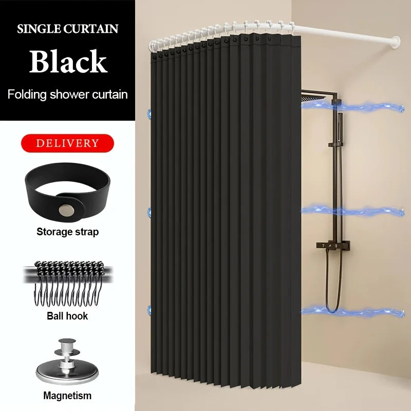 Rideau de douche noir pliable avec sangle de rangement, crochet à balle et aimant affiché sur un mur.