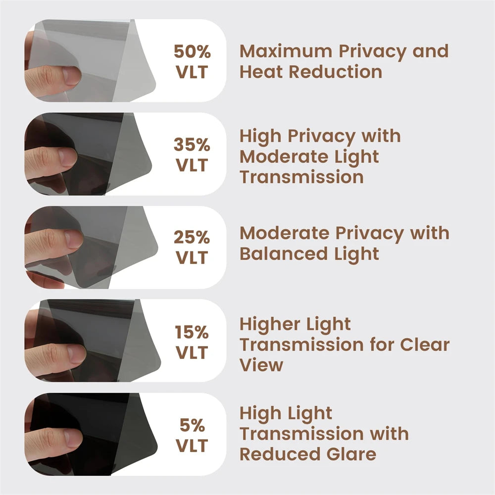 A hand holds a car window tint film sample showing various levels of privacy and light transmission.
