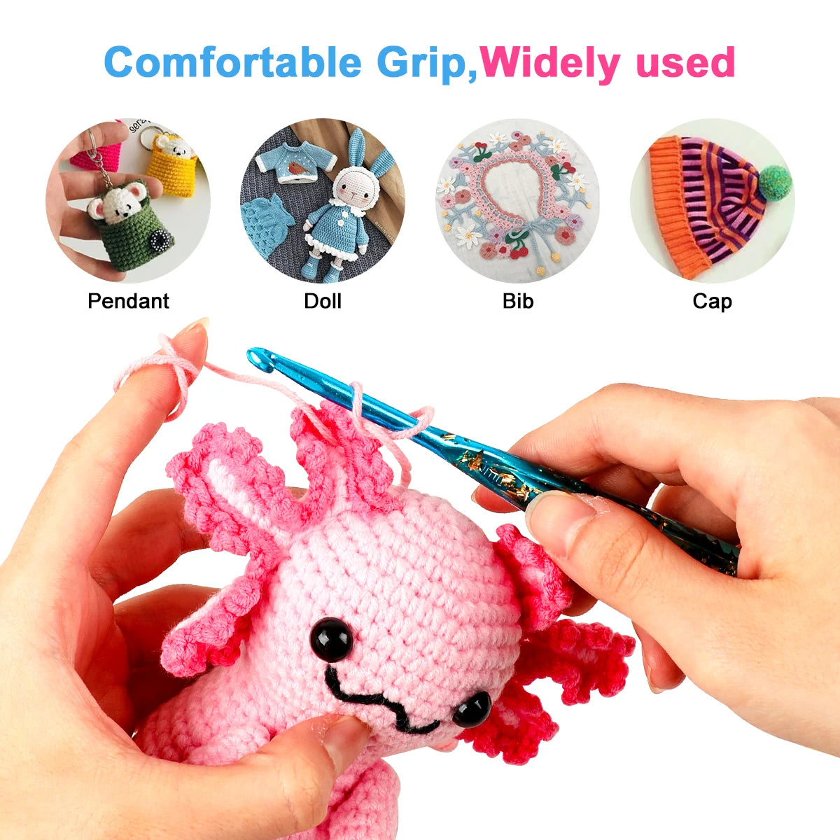 A pink crocheted animal toy is being held by a hand, with various crochet items like pendants, dolls, bibs, and caps shown in