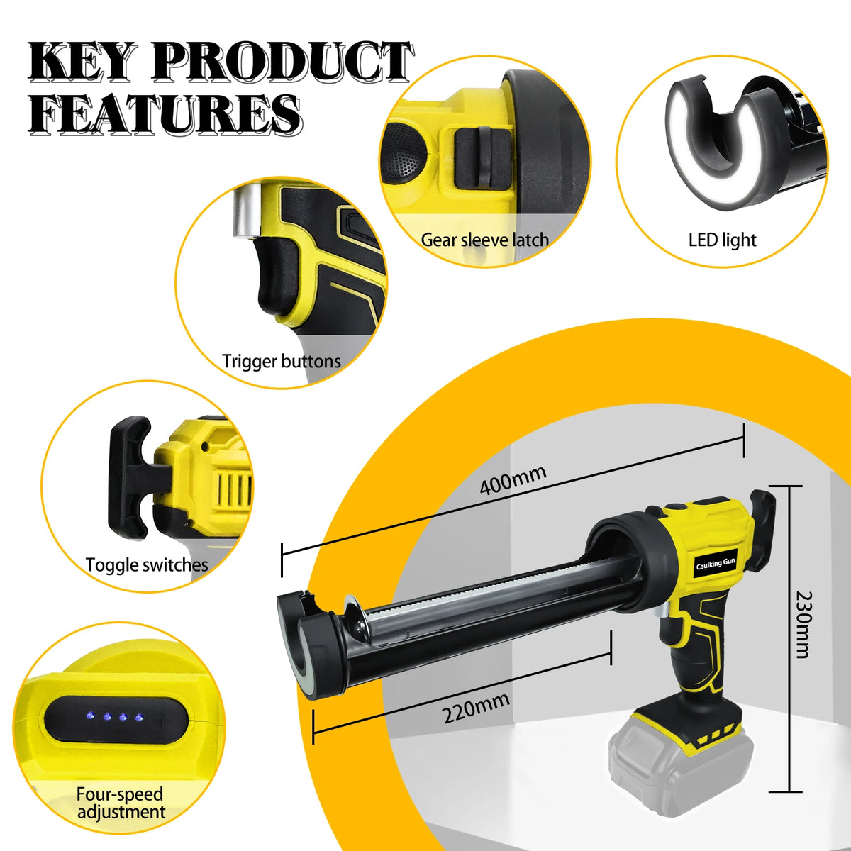 Yellow cordless electric caulking gun with trigger buttons, toggle switches, and four-speed adjustment features.
