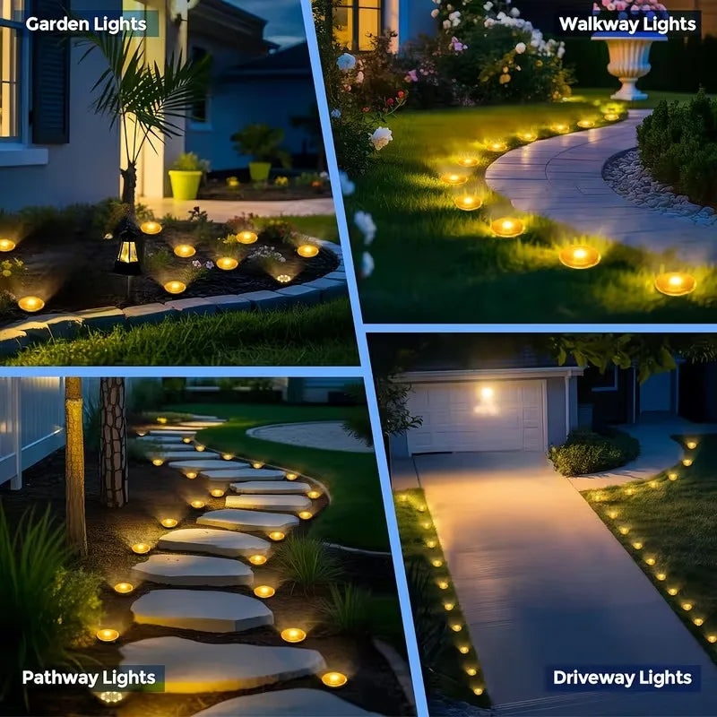 A collage showing various outdoor lighting options including garden lights, walkway lights, pathway lights, and driveway ligh