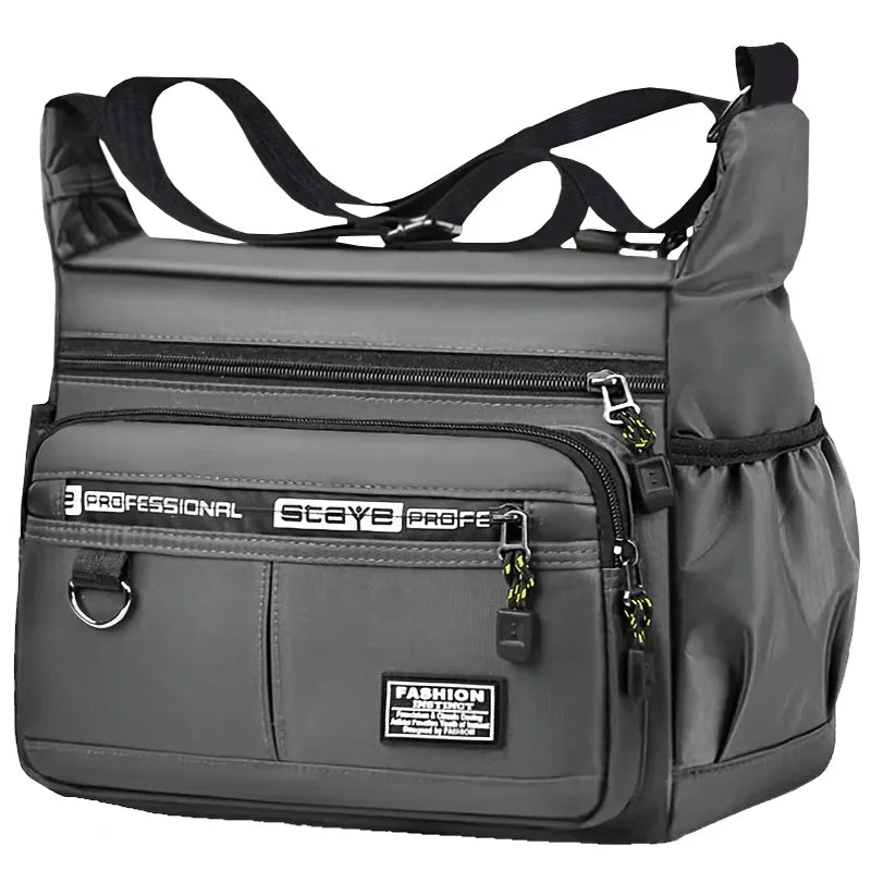 A gray men's business crossbody bag with multiple zippered pockets and black adjustable straps.