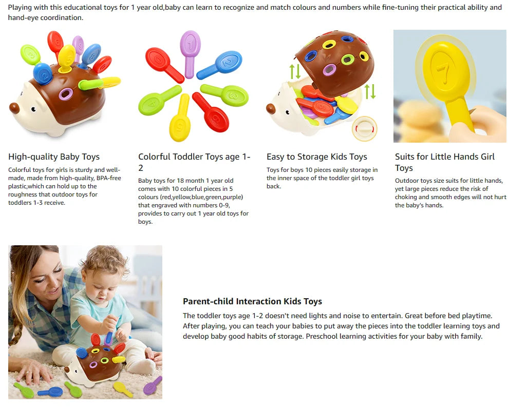 Montessori hedgehog sensory toy for toddlers with various colorful parts and textures