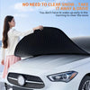 A woman is shown placing an all-season car windshield cover onto a white car, emphasizing the ease of use for clearing snow.